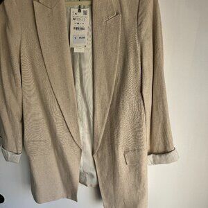 Never Been Worn: Tan Linen Zara Blazer with Cuffed Sleeves - Size M